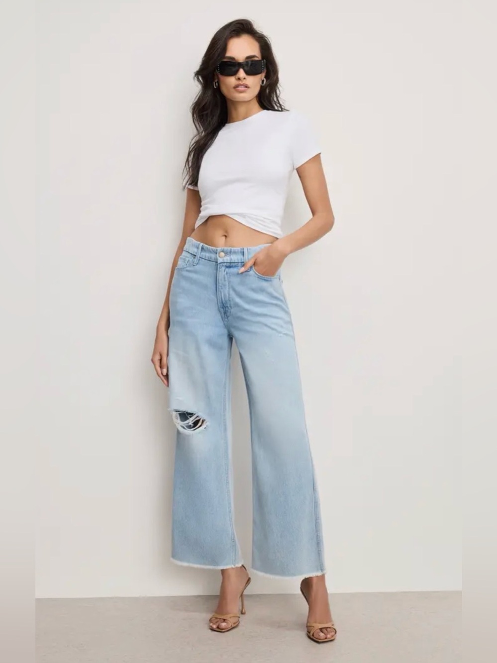 Good American Good Skate Fray Hem Crop Wide Leg Jeans - Sz. 0